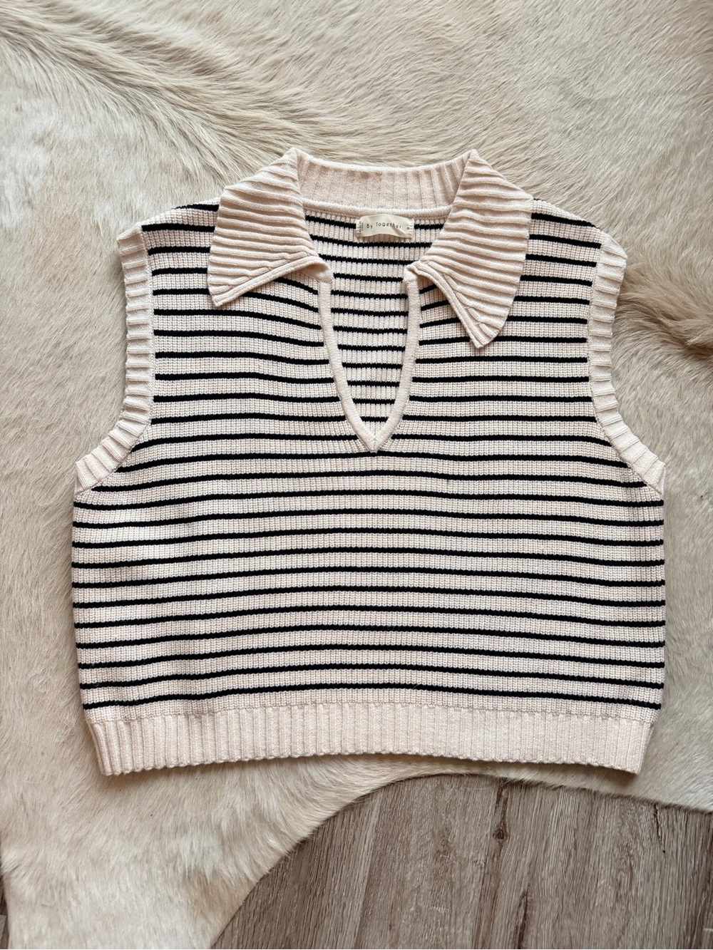 By Together Cream and Black Striped V-Neck Sweater Vest
